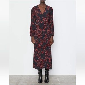 Zara Floral V-Neck Long Sleeve Maxi Dress in Black and Red, XS